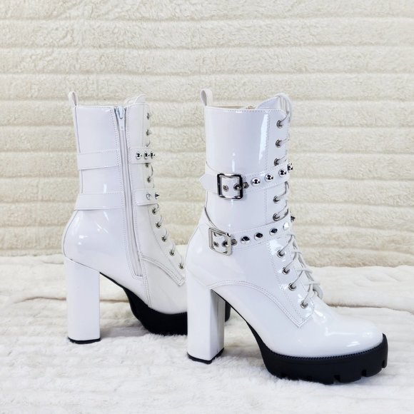 Bright White Patent Lug Sole Studded Strap Ankle Boots Temptress - Picture 12 of 12